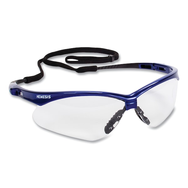 Nemesis Safety Glasses, Metallic Blue Frame, Clear Anti-Fog Lens, 12PK